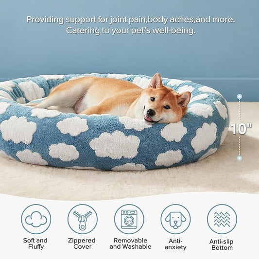 JOEJOY Donut Large Dog Bed, Cute Round Calming Dog Bed with Removable Washable Cover, Orthopedic Pet Beds with Jacquard Shaggy Plush & Non Skid Bottom, Black