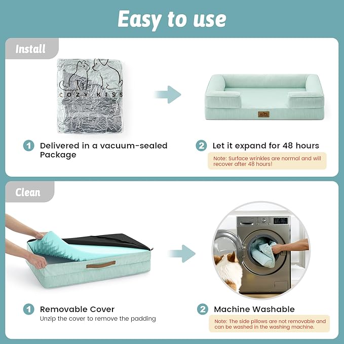 COZY KISS Cooling Dog Bed for Large Medium Size Dogs, Q-Max >0.4 Summer Cool Orthopedic Foam Pet Sofa Bed with Sides, Bolster Anti-Slip Couch with Washable Removable Cover, L 36x27x6.5 inch, Green
