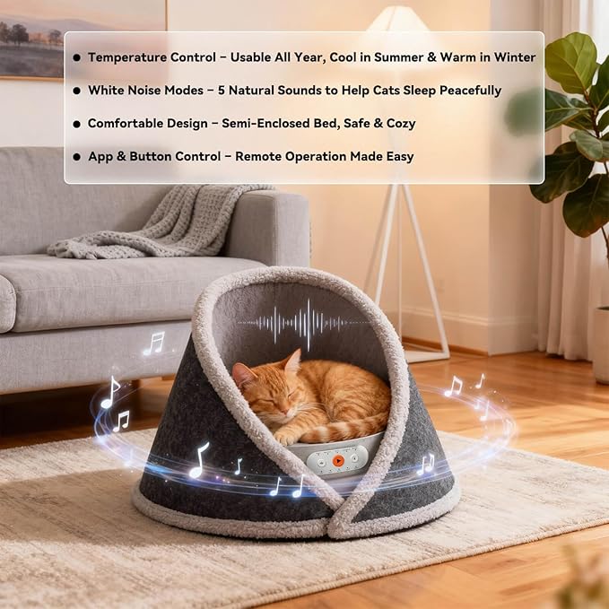 Heated & Cooling Cat Bed with 5 White Noise Modes, Cat Cave Bed with Mat Smart Temperature Control, Indoor Cozy Bed for Small and Medium Cats