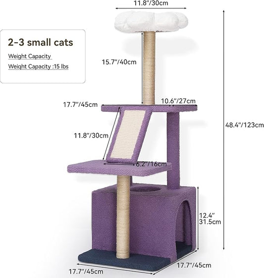 YITAHOME 48.4in Flower Cat Tree Tower with Detachable Perch, Cute Cat Climbing Tower for Indoor Cats with Sisal Scratching Posts and Board, Cat Condo, Purple and White