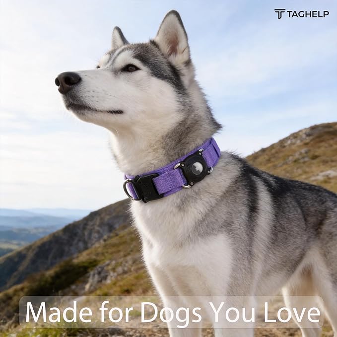 Waterproof AirTag 2nd 2026 & AirTags 1st 2021 Dog Collar - Tactical Military Collar with Secure Hard PC Holder & Comfort Handle for Medium Large Dogs,Smart ID tag (Purple, L)