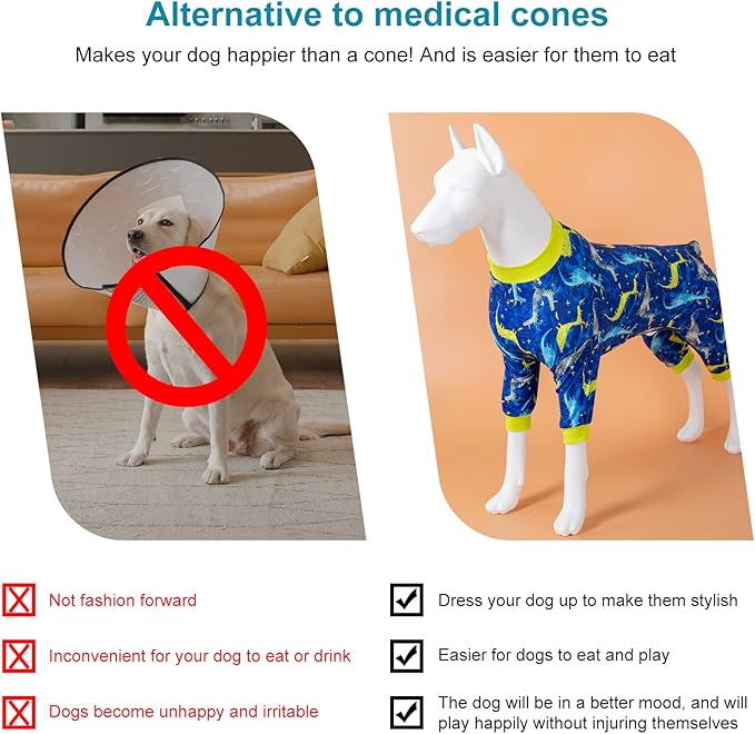 LovinPet Large Dog Pj - Pet Anxiety Calming Shirt, Dog Jammies for After Surgery, Lightweight Fabric, Blue Dragon Print, Pitbull Clothes, Long-Sleeved 4 Leg Style Pullover Dog Onesie, Dark Blue L