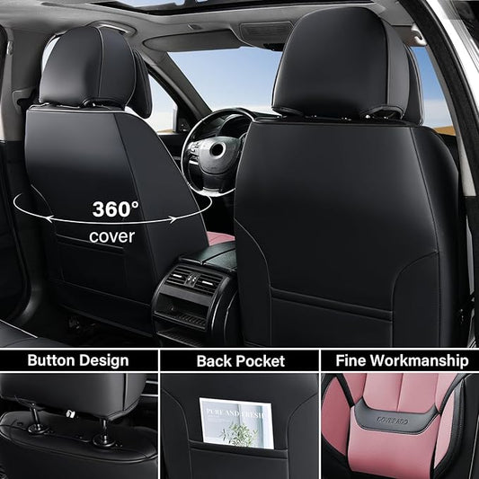 Coverado Universal Seat Covers Front, Universal Seat Covers for Cars, 2-Pack Waterproof Nappa Leather Car Seat Covers with Head Pillow, Auto Protectors Fit for Most Sedans Pick-up Truck-Black&Pink
