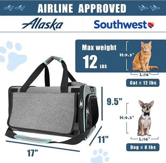 GAPZER Cat Carrier Alaska Airline TSA Approved 17x11x9.5 Soft-Sided Small Pet Air Travel Carry Bag, Southwest Airplane Kitten 12lbs Crate in Cabin Under-Seat Traveling Cage Tiny Dog Under 8 Pound