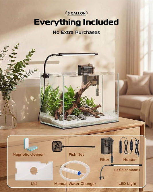 Glass Fish Tank Kit, 5 Gallon Betta Fish Tank Aquarium Starter Kit with Filter, Lights, Lid, for Betta, Goldfish, Small Fish or shrimg,Clear