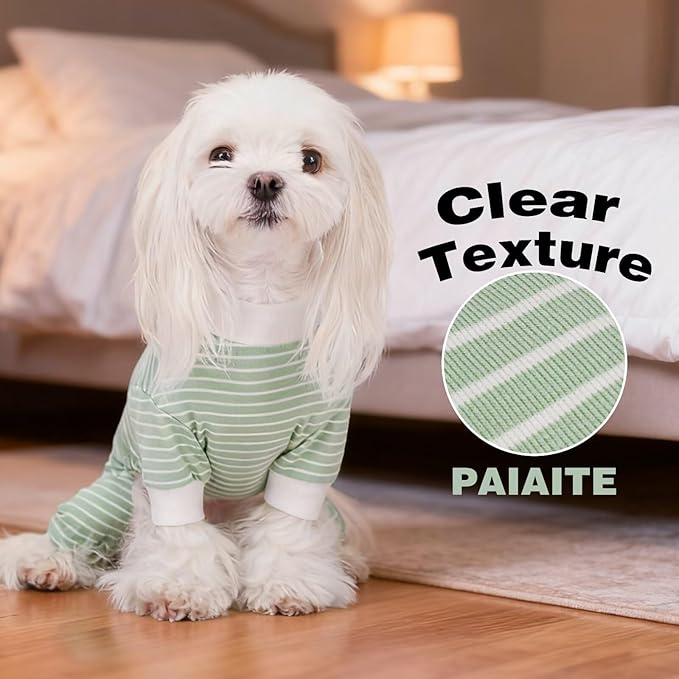Paiaite Green Striped Dog Pajamas: 4-Legged Cotton Stretchable Jumpsuit Pjs - Lightweight Cozy Puppy Onesie Clothes, Comfortable Pet Sleepwear for Hair Shedding Coverage S