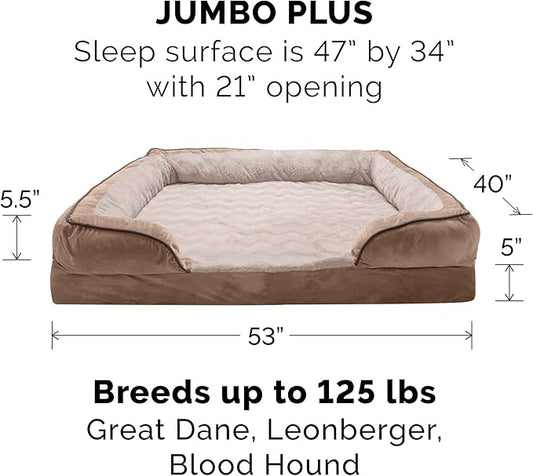 Furhaven Memory Foam Dog Bed for Large Dogs w/ Removable Bolsters & Washable Cover, For Dogs Up to 125 lbs - Plush & Velvet Waves Perfect Comfort Sofa - Brownstone, Jumbo Plus/XXL