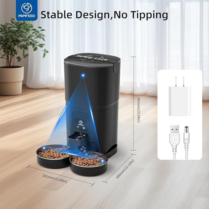 PAPIFEED Automatic Cat Feeder 2 Cats, 2.4G WiFi Cat Food Dispenser with App Control, 7L Slow Feed Timed Cat Feeders for Dry Food, 10 Meals/Day, 12 Portions/Meal, Dual Power Supply, Black