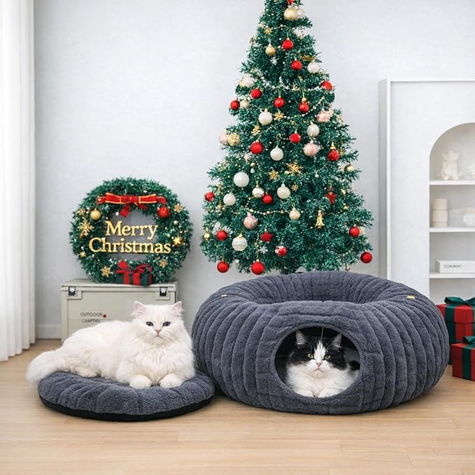 Dogpals Ultra-Soft Cat Tunnel Bed - Soft Washable Cushion, Peekaboo Hideaway Cave for Indoor Cats, Kittens, Puppies, and Rabbits - Deluxe Upgraded with Luxurious Striped Hare-Feel Fabric (Deep Grey)