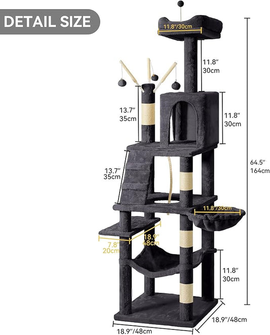 DWVO 64.5 Inch Tall Cat Tree, Multi-Tier Cat Condo with Hammock, Scratching Posts & Play Balls for 2-3 Cats (Dark Gray)