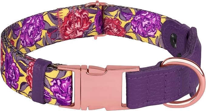 AirTag Dog Collar for Small Medium Large Breed - Adjustable Cute Pattern Dog Collar with Airtag Holder - Soft Leather Tracker GPS Apple Air Tag Pet Collars (Large, 17"-21" Neck Fit, Peonies)