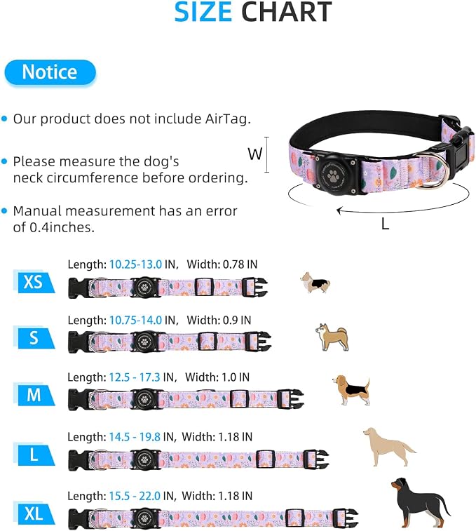 Upgrade Dog Collar with AirTag Holder, IP68 Waterproof, Lavender Garden, M | Built-in Water Resistant AirTag holder, 1000D Nylon, Reflective Stitching for Night Visibility, Soft padding for Comfort