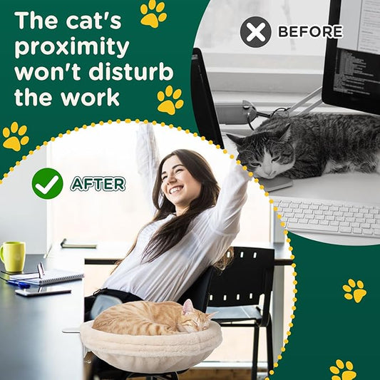 Cat Desk Bed, Round Cat Bed for Desk,Adjustable Steel Frame, Indoor Desk Perch for Cat up to 25 lbs, Unique and Modern Cat Furniture(Cream)
