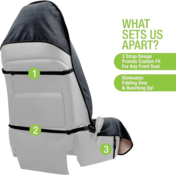 Season Guard Terry Cloth Sweat Towel Seat Cover; Carseat Towel Protector; Great for Gym Workout; Waterproof; Universal Fit for Car SUV Van Truck; EZ fit; Non Slip Grip; Machine Washable; 2pc Grey
