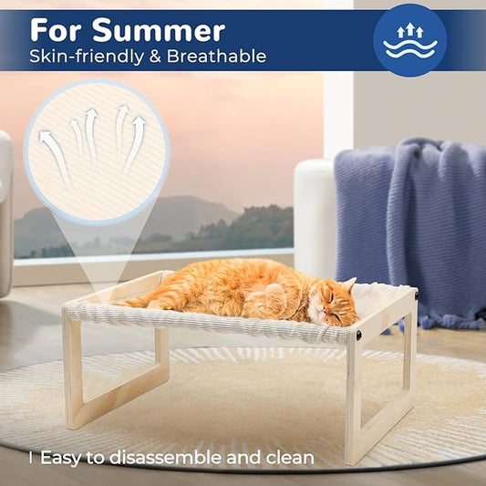 Cat Bed with Washable Pad - 9.5" Elevated Wooden Cat Hammock Bed, 360° View Design, Cot with Breathable Summer Mattress for Kitty, Puppy, Rabbit and All Pets