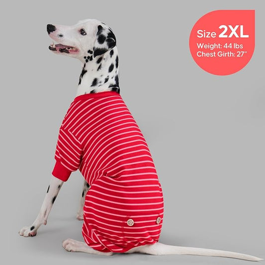 KYEESE Dog Pajamas, Striped Pet PJS Velvet Fleece Doggie Jammies, 4 Legs Outfit Soft Dog Pajamas, Cozy Pet Clothes Onesie, Comfortable PJS for Large Dogs,Red Striped,XXX-Large