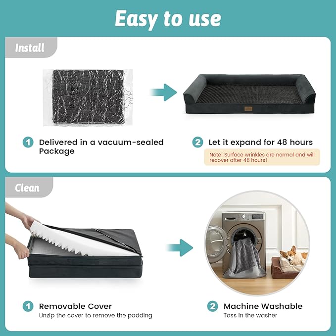 COZY KISS Dog Beds for Extra Large Dog, XXL Bolster Pet Couch with Waterproof Lining, Egg Crate Foam Sofa for Pets Up to 150 lbs, U-Shaped, 48x35x8 inch, Black