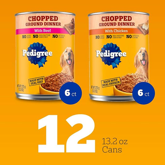 Pedigree Chopped Ground Dinner Wet Dog Food Chicken & Beef Variety Pack, Canned Dog Food, 13.2 oz. Cans (12 Count, Pack of 1)