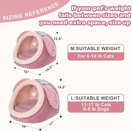 Jiupety Cute Cat Bed for Indoor Cats, Warm Soft Cave Fit for 11-17 lb Cats and 0-8 lb Dogs, Pink Rabbit, L