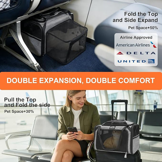 Cat Carrier, Airline Approved Dog Carrier with Top and Side Expansion, 360° Ventilation Soft-Sided Cat Carrier with Safety Leash, Foldable Travel Carrier for Small Cats and Dogs,Grey
