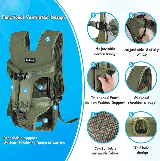 PetBonus Pet Front Dog Carrier Backpacks, Adjustable Pet Backpack, Legs Out Easy-fit Puppy Chest Carrier for Medium Small Dogs, Hands Free for Hiking, Cycling (Army Green, S)