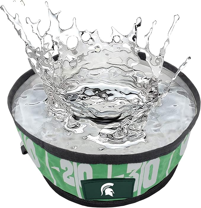 Pets First NCAA Michigan State Spartans Collapsible Dog Travel Bowl, Food and Water Bowl for Dogs & Cats. Lightweight Leak-Proof Pet Bowl for Travel with Football Field & Pebble-Grain Design