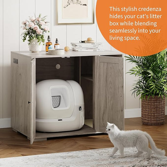 Garvee Dog-Proof Large Cat Litter Box Enclosure with Scratch Pad, Large Automatic Litter Box Furniture for Placing Self-Cleaning Litter Box,Litter Cabinet with Outlet,Space for Cat Stuffs