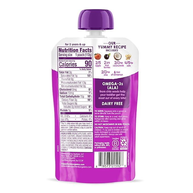 HAPPYTOT Organics Stage 4 Baby Food Pouches, Gluten Free, Vegan & Dairy Free Snack, Super Morning Fruit & Oat Blend, Apple, Acai, Coconutmilk, Oats & Chia, 4 Oz (Pack of 16)