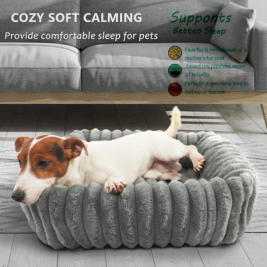 Rectangle Dog Bed for Small Dogs Washable Furry Puppy Beds,Orthopedic Soft Calming Warming Sleeping Cat Bed with Sides,Cozy Corduroy Fleece Square Pet Beds for Large Cat and Puppy,Warm Grey 20x19 Inch