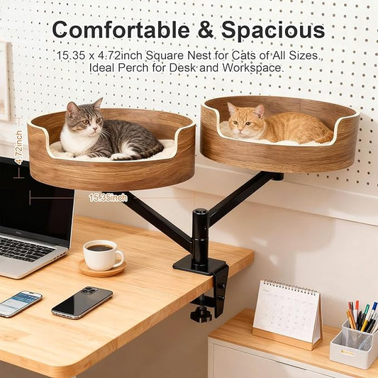 Double Cat Desk Bed with 2 Pet Mat ,360° Rotation ,Walnut Wood Finish,Space-Saving Perch Adjustable Cat Bed Desk Easy Install - Suitable for Indoor Furniture for Office & Game Tables
