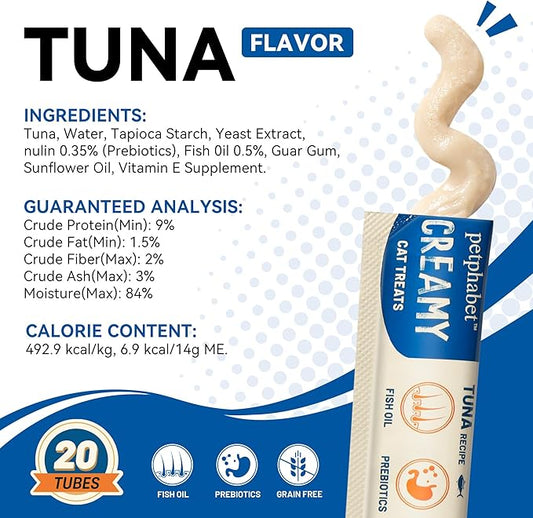 PETPHABET Lickable Cat Treats Squeeze, Creamy Puree Squeezable Wet Kitten Treats, Tuna Recipe 20 Tubes, Paste Snacks for Skin & Coat Health, Digestive Care, High Protein, Grain Free