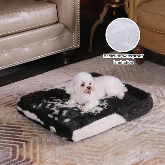 Bedfolks Plush Waterproof Dog Crate Bed, Removable Washable Cover, Faux Fur Pad for Small Dogs & Cats, 17"x12", Black-White Cowhide
