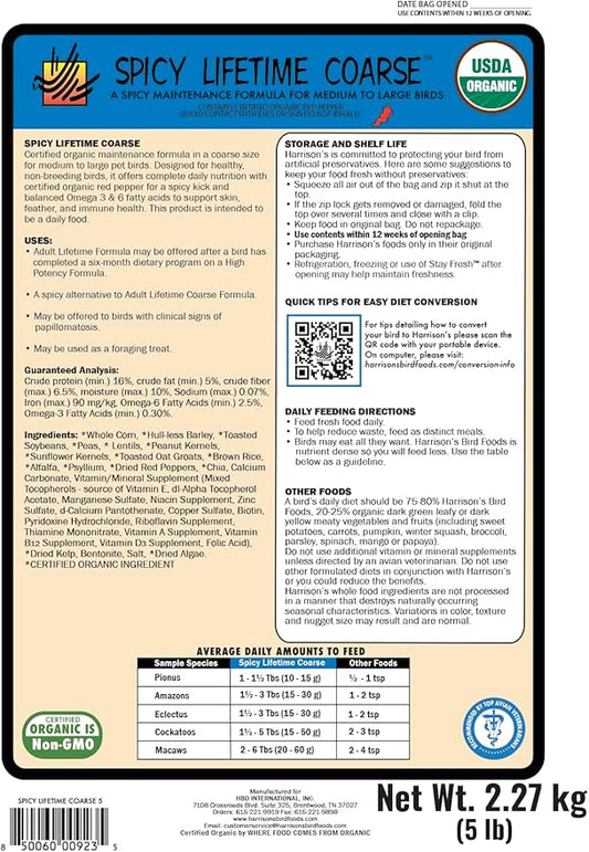 Harrison's Bird Foods Pepper Lifetime Coarse - Certified Organic, Non-GMO Formula for Medium to Large Birds - Premium, Nutrition for Long-Term Health, Vitality & Wellness - 5 lb Bag
