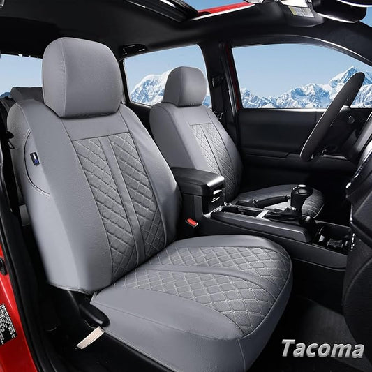 Truckiipa Seat Covers for Tacoma Full Set Leather Truck Seat Covers Waterproof Car Seat Cover Cushion Custom Fit for 2005-2015 Toyota Tacoma Double Crew Cab, Full Set, Gray