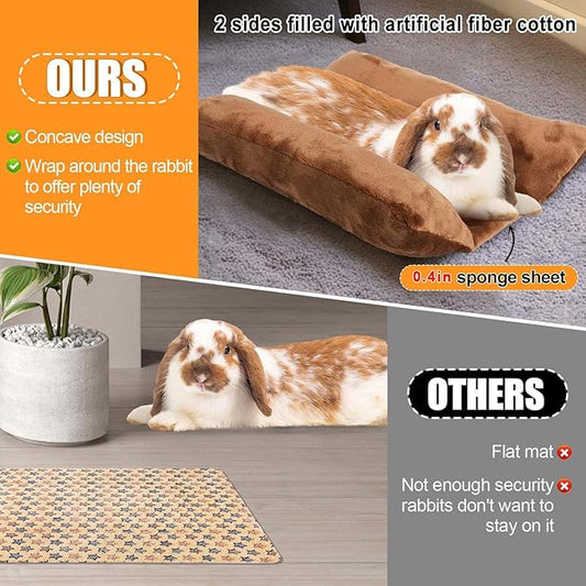 MEWTOGO 15.7" x 14" Bunny Bed for Rabbit Cage - Thickened Soft Prevent Sore Hocks Plush Mat with Cotton Lounger Pillows, Small Animal Flop Mat for Hutch Sleeping Indoor, Brown