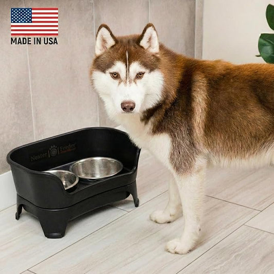 Neater Feeder - Express Model w/ Slow Feed Bowl - Mess-Proof Dog Bowls (M/L, Black) Made in USA – Elevated, No Spill, Non-Tip, Non-Slip, Raised Stainless Steel Food/Water Pet Bowls Aid Digestion
