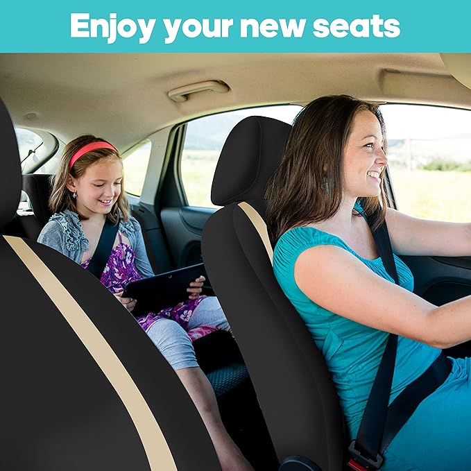 FH Group Car Seat Covers Front Set in Cloth for Low Back Car Seats with Removable Headrest, Universal Fit, Automotive Washable for SUV, Sedan, Van Beige