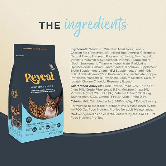 Reveal Natural Adult Dry Cat Food, High Protein, Grain Free with Added Vitamins & Minerals, Complete & Balanced Nutrition for Cats, Whitefish Recipe (7 Pound Bag)
