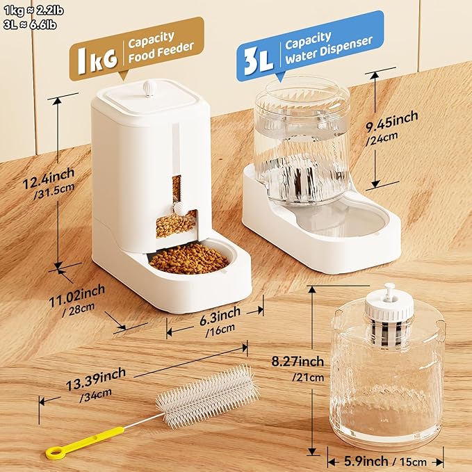 JUNSPOW Automatic Cat Feeder Dog Water Bowl Dispenser Set, Adjustable Food Dispensing & Keep Food Dry, Auto Pet Feeder and Waterer for Cats and Dogs