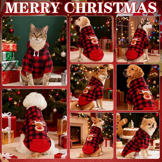 EXPAWLORER Plaid Dog Hoodie - British Style Warm Dog Sweater Shirt with Leash Hole,Pitbull Clothes Outfits,Winter Coat Apparel for All Breeds Puppy Girl Boy-Cat Apparel,Christmas Buffalo Check Large
