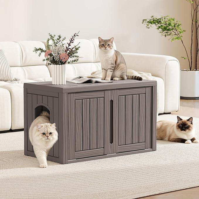 Cat Litter Box Enclosure, Multi-Functional Hidden Enclosed Litter Box Furniture with Adjustable Partition, Indoor Outdoor Cat House Weatherproof, Side Table, Easy to Clean & Assemble, Grey