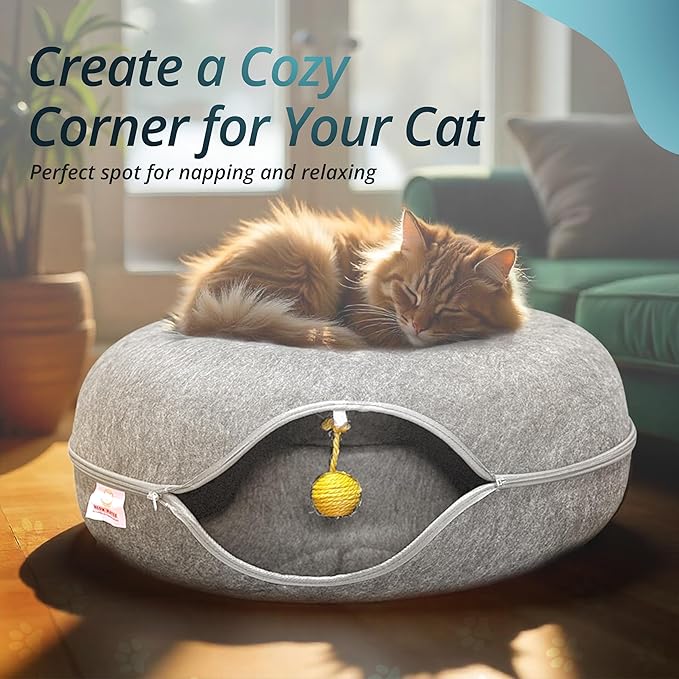 MEOWMATES Peekaboo Cat Tunnel Bed with Hanging Ball Toy – Large Cat Tunnels for Indoor Cats up to 30lbs – Round Cat's cave Bed with Scratch-Resistant, Easy to Wash & Cozy Design (24x24x11)