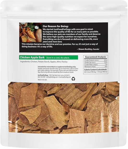 JustFoodForDogs Limited Ingredient Healthy Dog Treats and Dog Snacks, Jerky Treats, Human Grade, Preservative Free, Rawhide Free Chews, Low Calorie Treat - Chicken Apple Bark, 5 oz