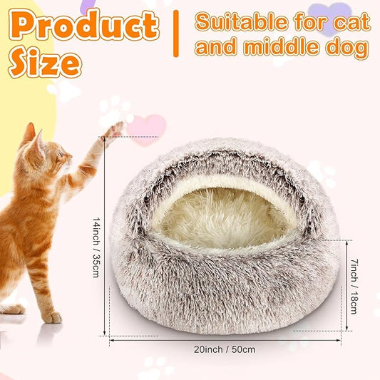 Cinnvoice 2 Pcs Self Warming Cat Beds with Hood, Self Heating Dog Cave Bed, Fluffy Round Covered Pet Pad, Plush Hooded Pet Beds with Non-Slip Bottom for Indoor Cat or Small Middle Dog(Coffee,20 in)