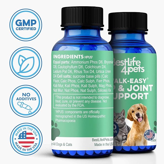 Walk-Easy Cat & Dog Pain Relief & Mobility Aid โ Natural Hip & Joint Support for Injured or Senior Pets โ Gentle Pain Reliever for Limping and ACL Tears โ 400 Tiny Pills