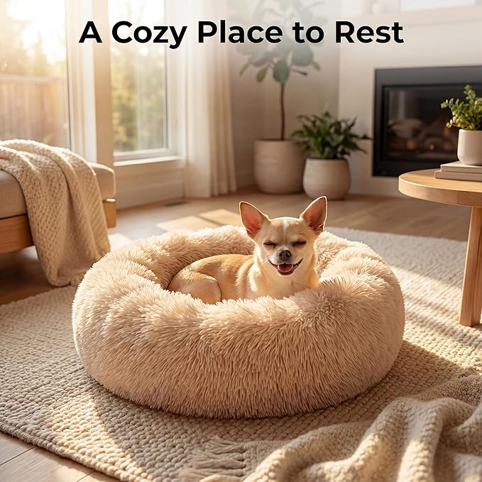 Tiny Dog Bed 15 Inch for Extra Small Dogs,Washable Puppy Bed,Soft Faux Fur Calming Donut Bed for Chihuahua Yorkie Maltese Pomeranian,Light Brown