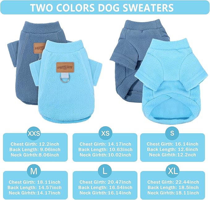 2 Pack Dog Sweaters Warm Fleece Dogs Sweatshirt for Small Medium Dogs with Leash Ring Pet Outfit Puppy Coat Apparel Winter Dog Clothes for Chihuahua, Yorkie, Bulldog, Dachshund Cats S, Blue