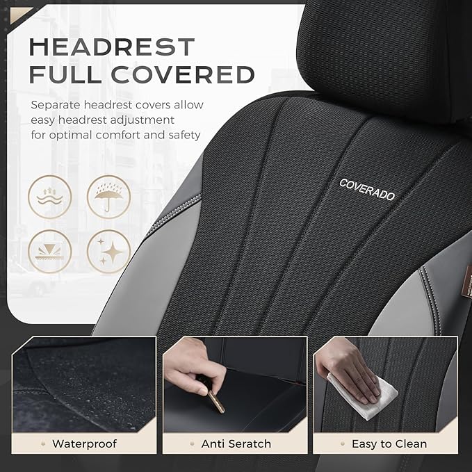 Coverado Seat Covers for Car 2 Seats, Leather Car Seat Covers Fullset, Breathable Mesh Front and Rear Protectors, Grey Luxury Automotive Covers, Universal Fit for SUV, Truck, Sedan