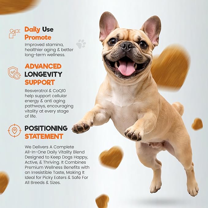 Dog Multivitamin Soft Chews for Longevity & Vitality, Dog Treats with Probiotics, CoQ10, & Omega 3 to Support Skin, Coat, Gut, Heart & Immune Health for All Breeds & Sizes, Peanut Butter, 60 Chews