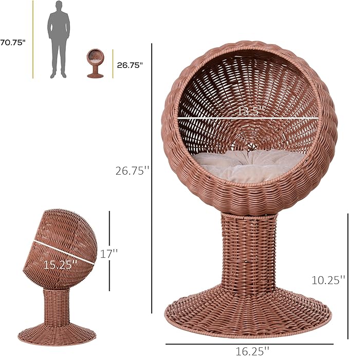Elevated Cat Basket Bed, Cat Bed with Removable Cushion, Breathable Wicker Pet Bed for Indoor Cats, cat Litter Box Raised Design for Air cat Litter Boxes Circulation, Durable Handw